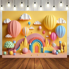 Aperturee - Rainbow Hot Air Balloons Cloud Birthday Backdrop