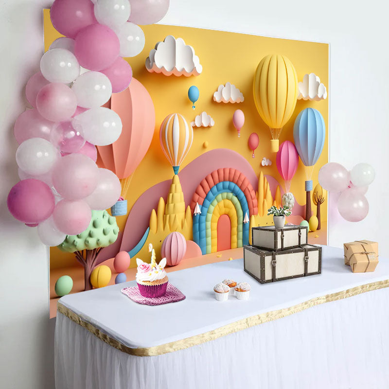 Aperturee - Rainbow Hot Air Balloons Cloud Birthday Backdrop