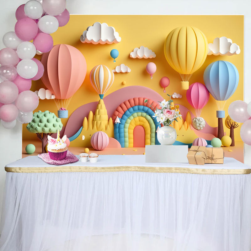 Aperturee - Rainbow Hot Air Balloons Cloud Birthday Backdrop