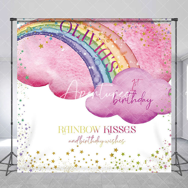 Aperturee - Rainbow Kisses Stars Clouds Custom Birthday Backdrop