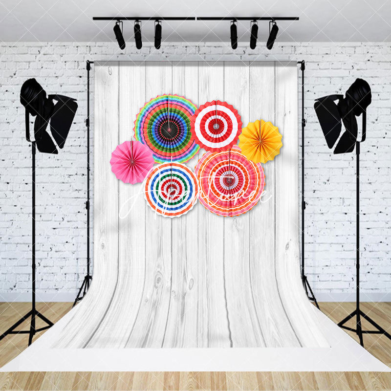 Aperturee - Rainbow Paper Fan Grey Wooden Dance Party Backdrop