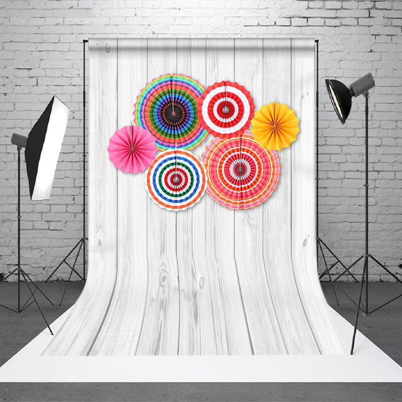 Aperturee - Rainbow Paper Fan Grey Wooden Dance Party Backdrop