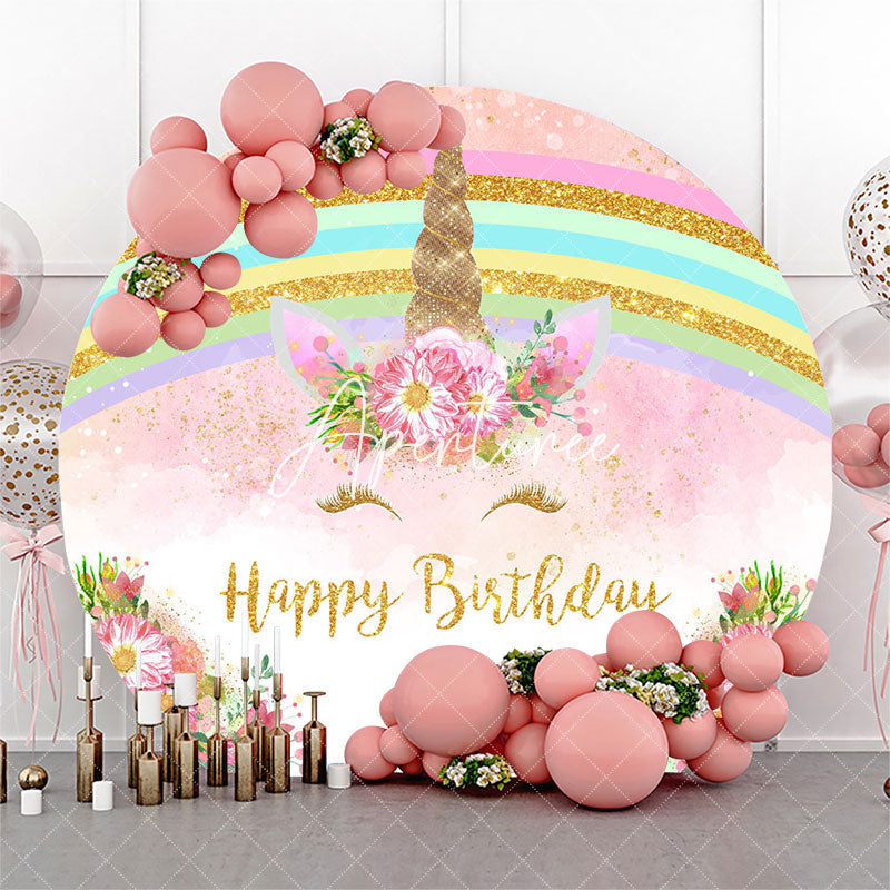 Aperturee Rainbow Pink Unicorn Round Happy Birthday Backdrop