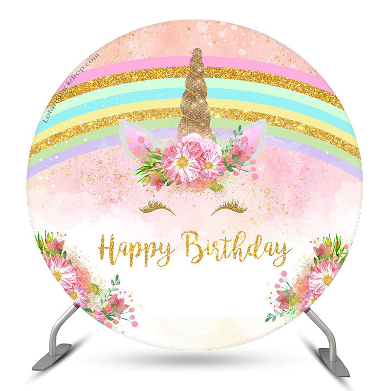 Aperturee Rainbow Pink Unicorn Round Happy Birthday Backdrop