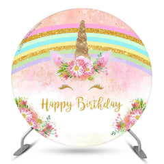 Aperturee Rainbow Pink Unicorn Round Happy Birthday Backdrop