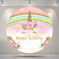 Aperturee Rainbow Pink Unicorn Round Happy Birthday Backdrop