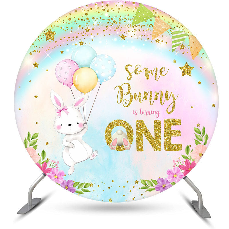 Aperturee - Rainbow Rabbit Balloon Round 1St Birthday Backdrop