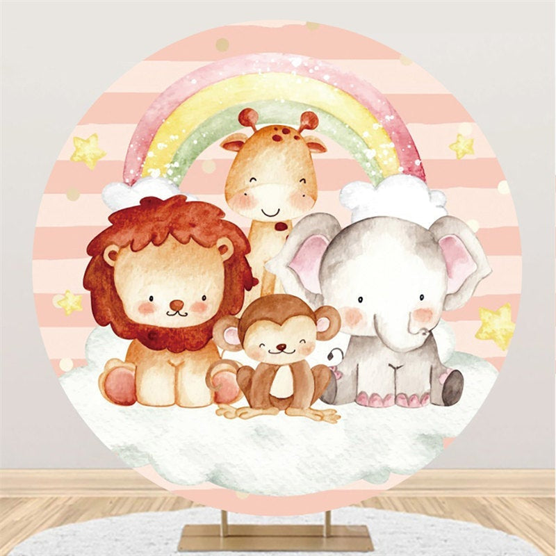 Aperturee Rainbow Safari Animals Round Birthday Party Backdrop