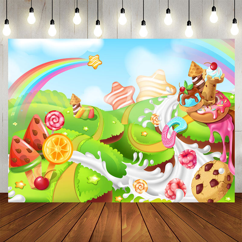 Aperturee - Rainbow Star Candyland Happy Birthday Backdrop