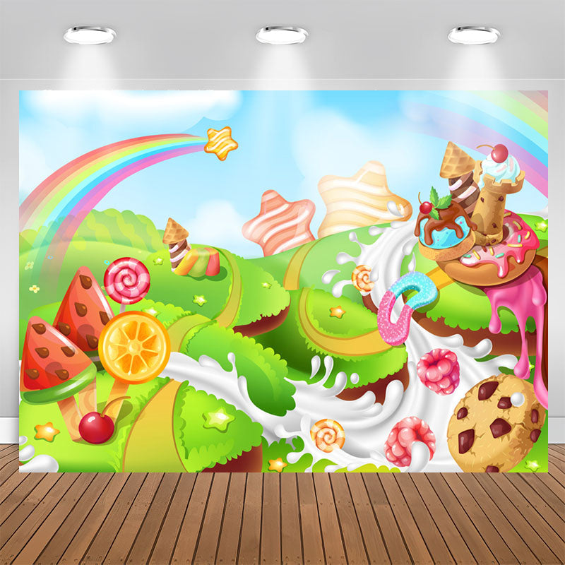 Aperturee - Rainbow Star Candyland Happy Birthday Backdrop