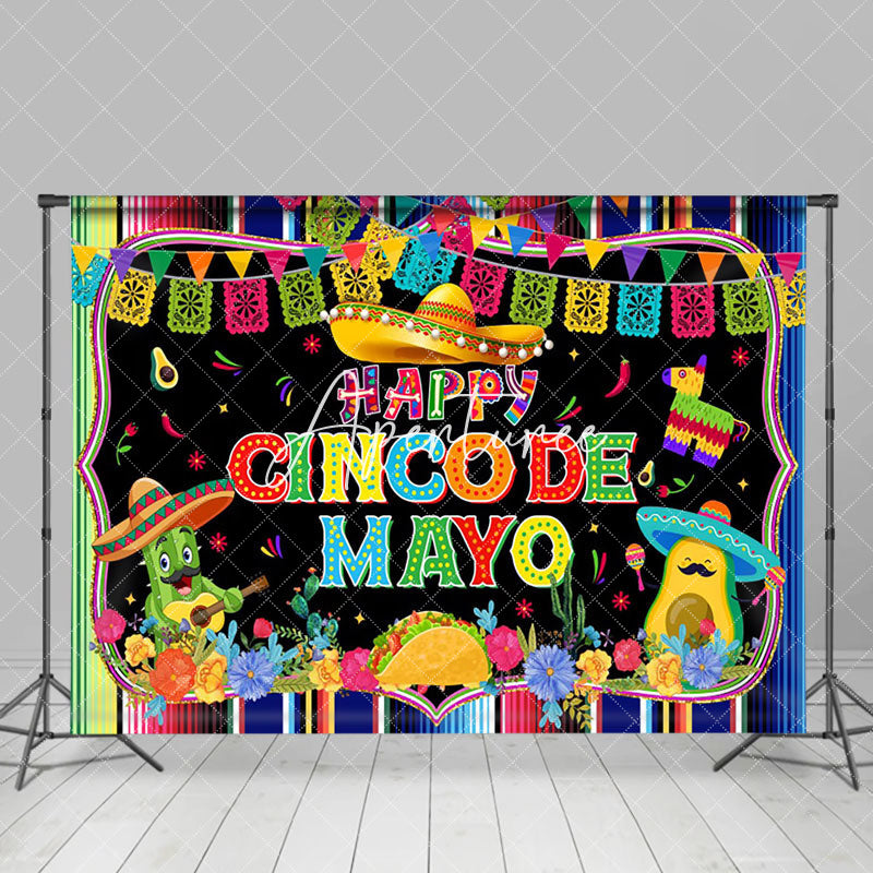 Aperturee - Rainbow Stripe Flags Floral Cinco De Mayo Backdrop