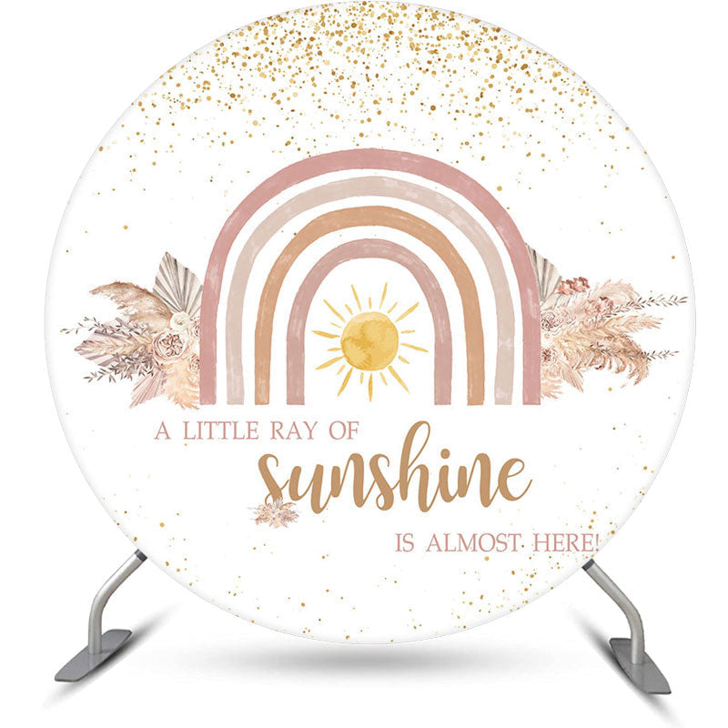 Aperturee - Rainbow Sun Leaves Gold Round Baby Shower Backdrop