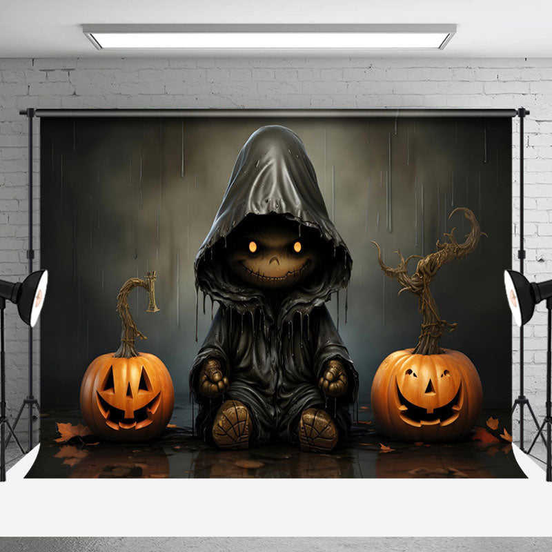 Aperturee - Rainy Night Pumpkins Ghost Happy Halloween Backdrop