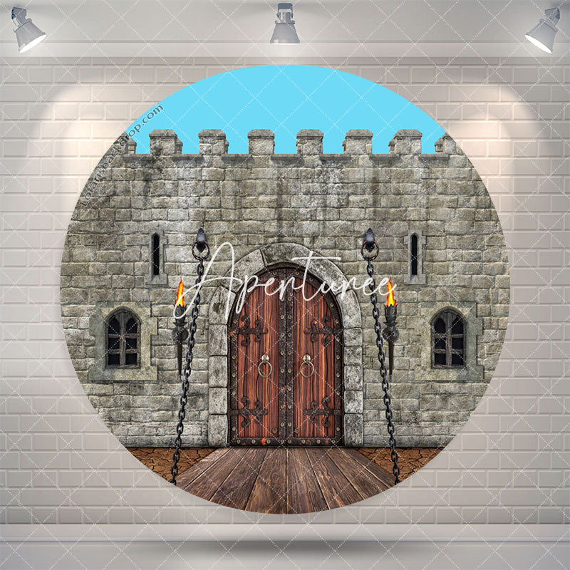 Aperturee Rampart Brick Wall Wood Door Pattern Circle Backdrop