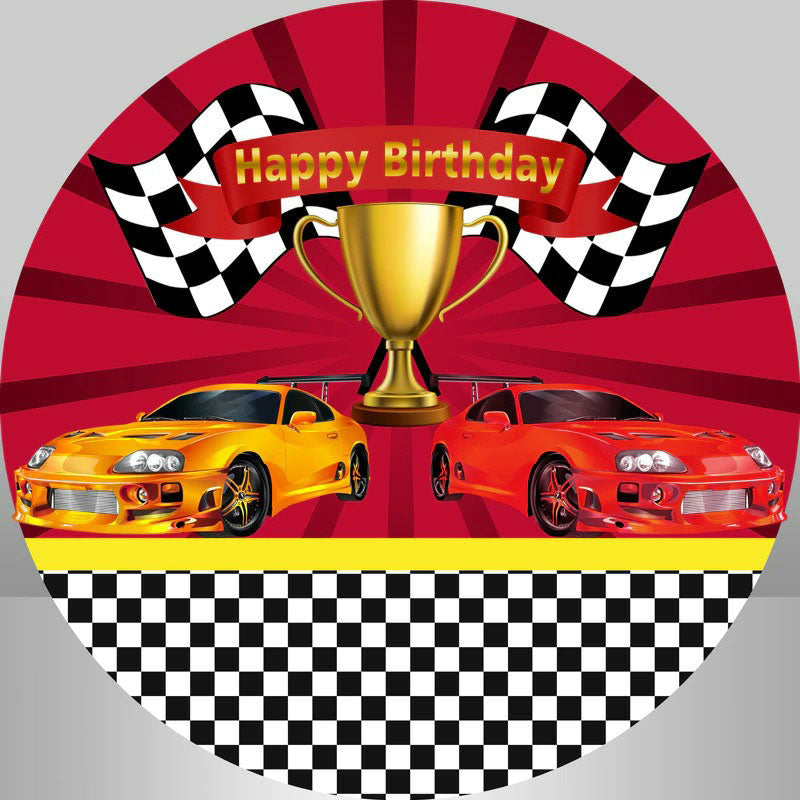 Aperturee - Red And Orange Cars Round Happy Birthday Backdrop Kit