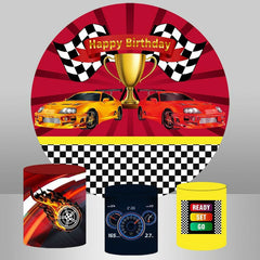 Aperturee Red And Orange Cars Round Happy Birthday Backdrop Kit