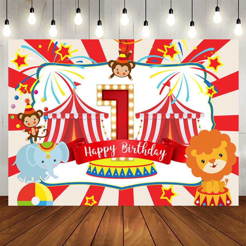 Aperturee - Red Animals 1st Happy Birthday Party Backdrop For Boy