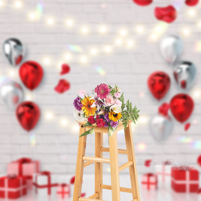 Aperturee - Red Balloon Gift Brick Valentines Day Photo Backdrop