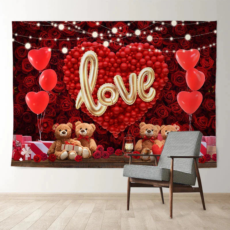 Aperturee - Red Balloon Heart Teddy Rose Valentine Backdrop