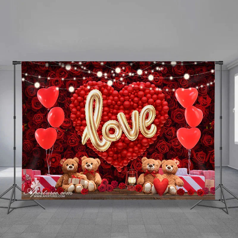 Aperturee - Red Balloon Heart Teddy Rose Valentine Backdrop