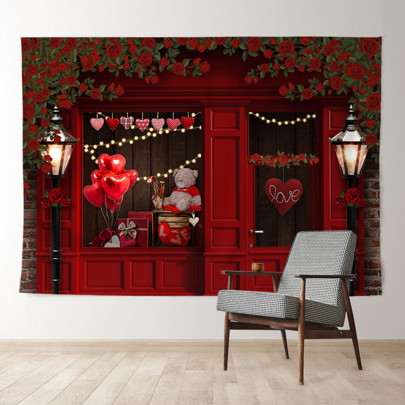 Aperturee - Red Balloon Heart Teddy Shop Valentine Backdrop