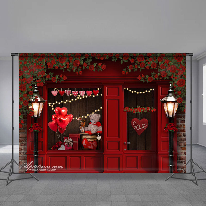 Aperturee - Red Balloon Heart Teddy Shop Valentine Backdrop