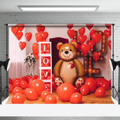 Aperturee - Red Balloons Bear Valentines Day Backdrop For Photo