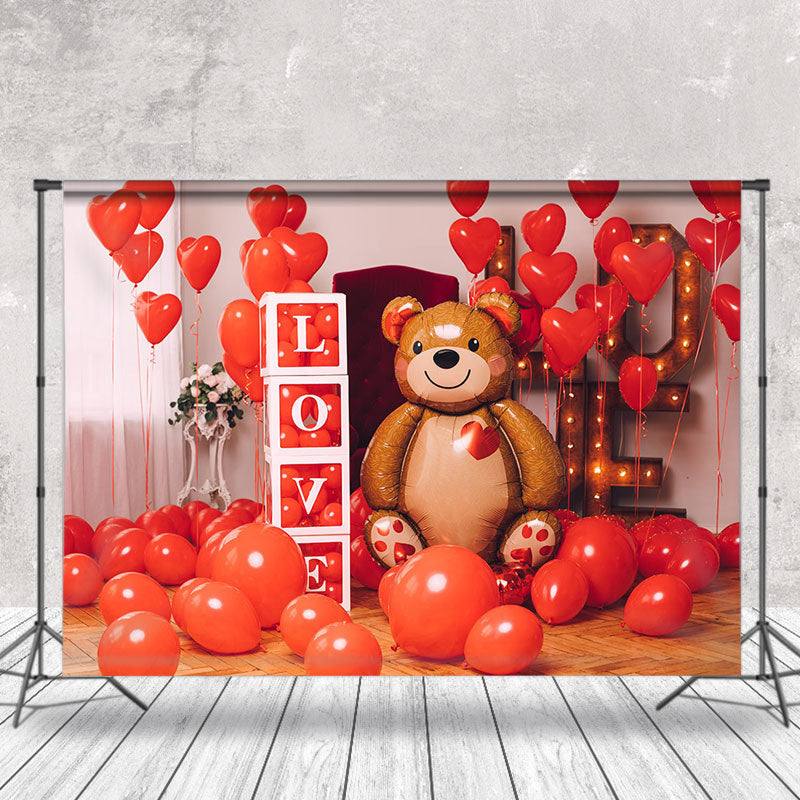 Aperturee - Red Balloons Bear Valentines Day Backdrop For Photo