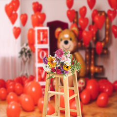 Aperturee - Red Balloons Bear Valentines Day Backdrop For Photo