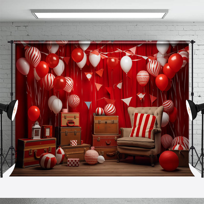 Aperturee - Red Balloons Flags Sofa Birthday Cake Smash Backdrop