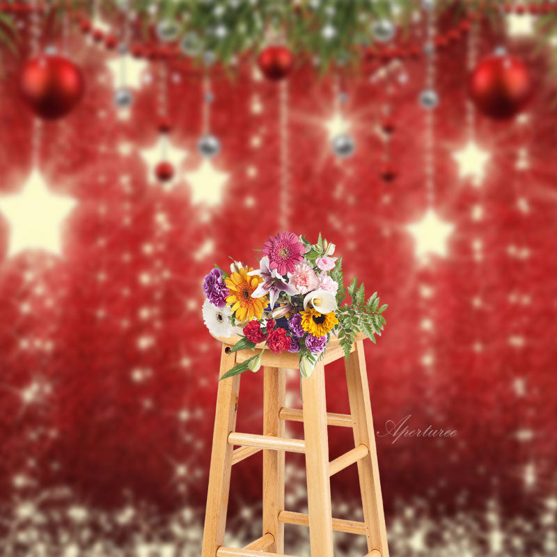 Aperturee - Red Balls Star Glitter Christmas Photo Backdrop