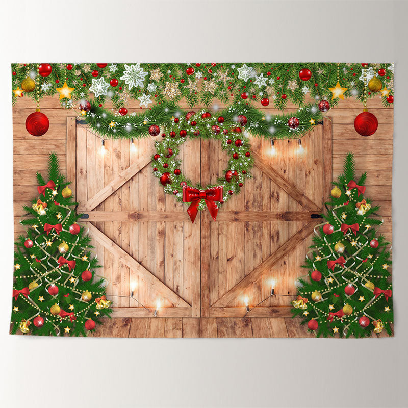 Aperturee - Red Balls Wreath Wood Door Christmas Tree Backdrop