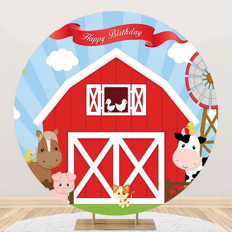 Aperturee - Red Barn Animals Windmill Circle Birthday Backdrop