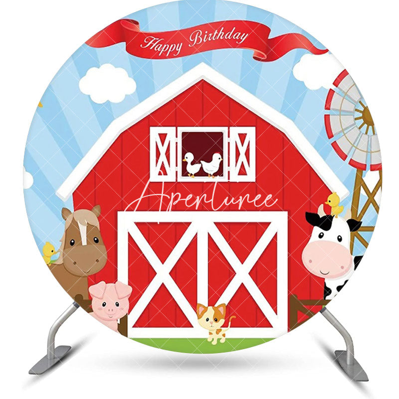 Aperturee - Red Barn Animals Windmill Circle Birthday Backdrop