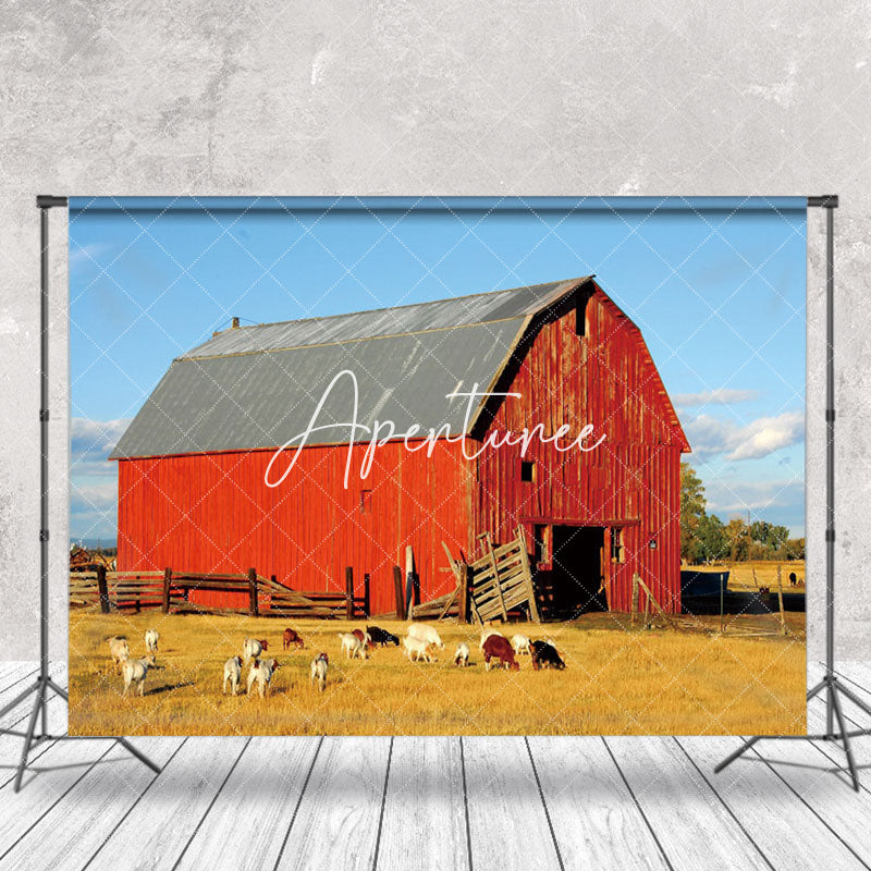 Aperturee - Red Barn Farm Cow Retro Wall Photography Backdrop