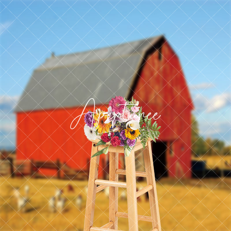 Aperturee - Red Barn Farm Cow Retro Wall Photography Backdrop