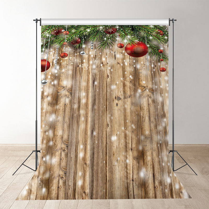 Aperturee - Red Bauble Leaves Wooden Christmas Decor Backdrop