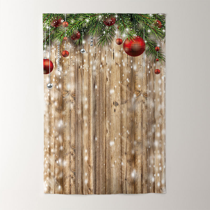 Aperturee - Red Bauble Leaves Wooden Christmas Decor Backdrop