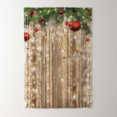 Aperturee - Red Bauble Leaves Wooden Christmas Decor Backdrop