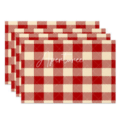 Aperturee - Red Beige Plaid Fabric Dining Set Of 4 Placemats