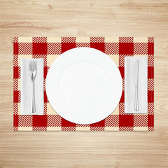 Aperturee - Red Beige Plaid Fabric Dining Set Of 4 Placemats