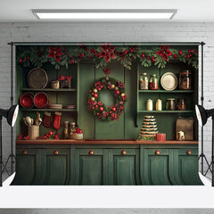 Aperturee - Red Bells Green Leaves Kitchen Christmas Backdrop