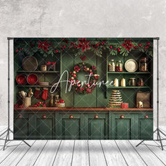 Aperturee - Red Bells Green Leaves Kitchen Christmas Backdrop