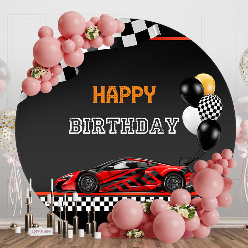 Aperturee - Red Black Car Balloons Round Happy Birthday Backdrop