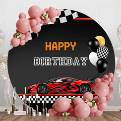 Aperturee - Red Black Car Balloons Round Happy Birthday Backdrop