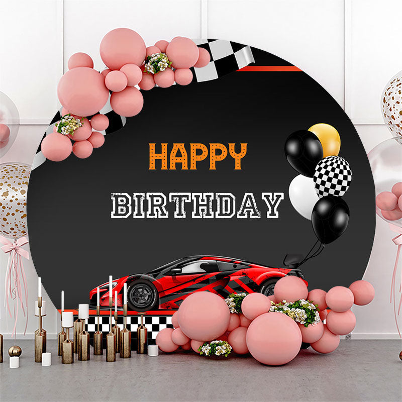 Aperturee - Red Black Car Balloons Round Happy Birthday Backdrop