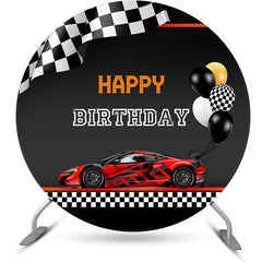 Aperturee - Red Black Car Balloons Round Happy Birthday Backdrop