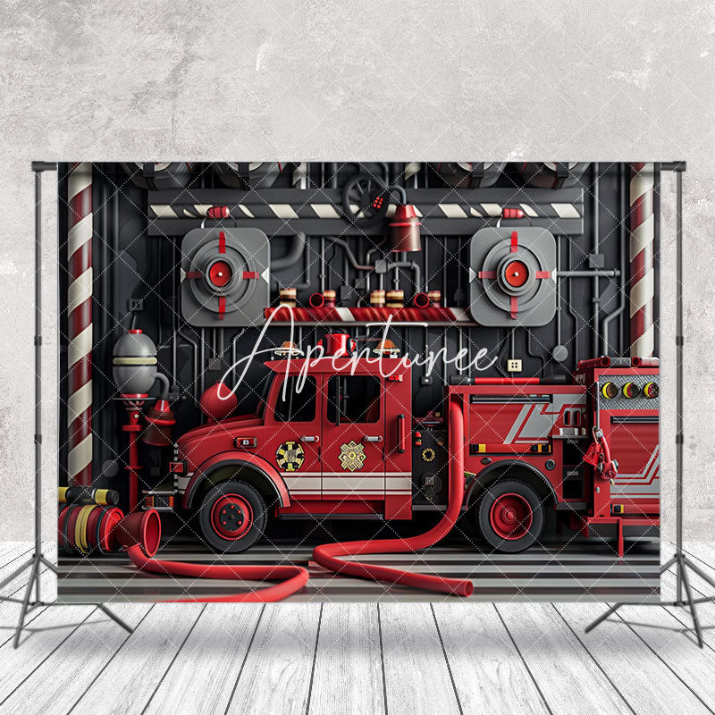 Aperturee - Red Black Fire Truck Hydrant Cake Smash Backdrop