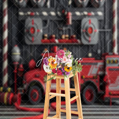 Aperturee - Red Black Fire Truck Hydrant Cake Smash Backdrop