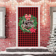 Aperturee - Red Black Gingham Wreath Merry Christmas Door Cover